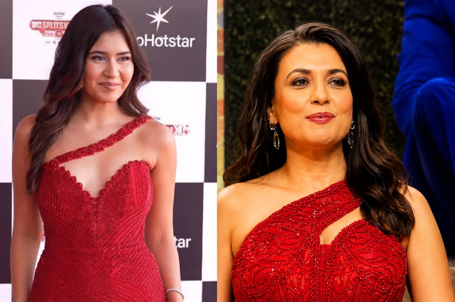 Mini Mathur and Aakansha Chaudhary in similar red gowns that sparked online fashion comparisons.